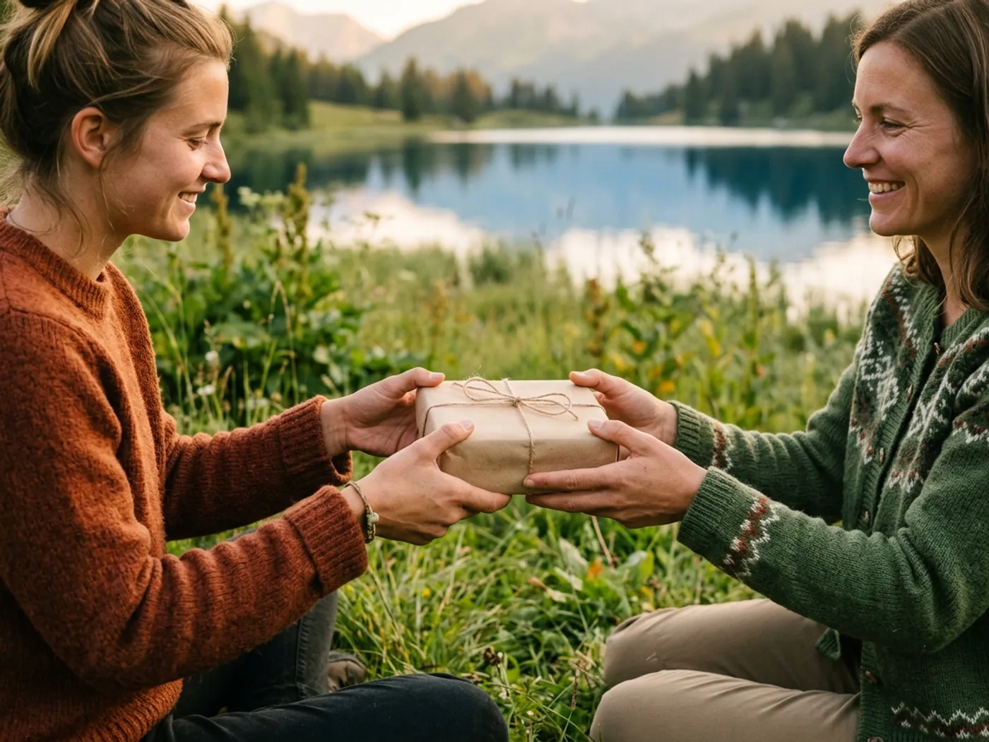 Zwei Freundinnen übergeben sich am Bergsee ein schlicht in Kraftpapier verpacktes Geschenk